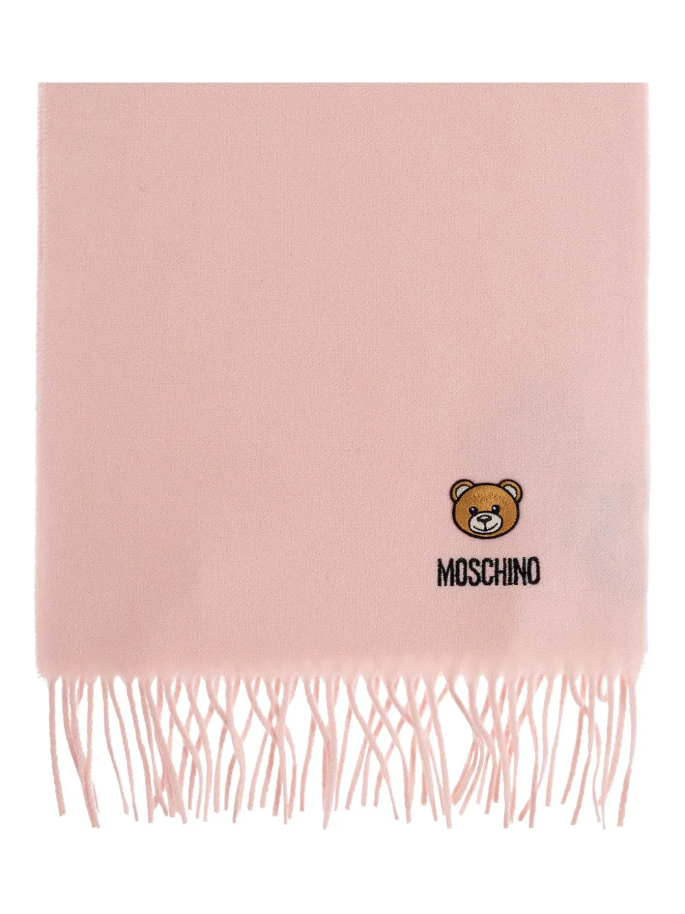 Шарф с бахромой, вышитый плюшевым мишкой Moschino, розовый 
Шарф с бахромой, вышитый плюшевым мишкой Moschino, розовый