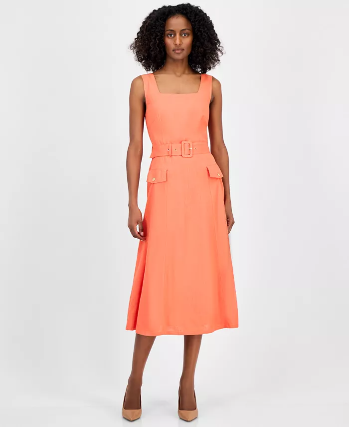 Миниатюрное платье без рукавов с квадратным вырезом и поясом Tahari ASL, оранжевый 
Миниатюрное платье без рукавов с квадратным вырезом и поясом Tahari ASL, оранжевый