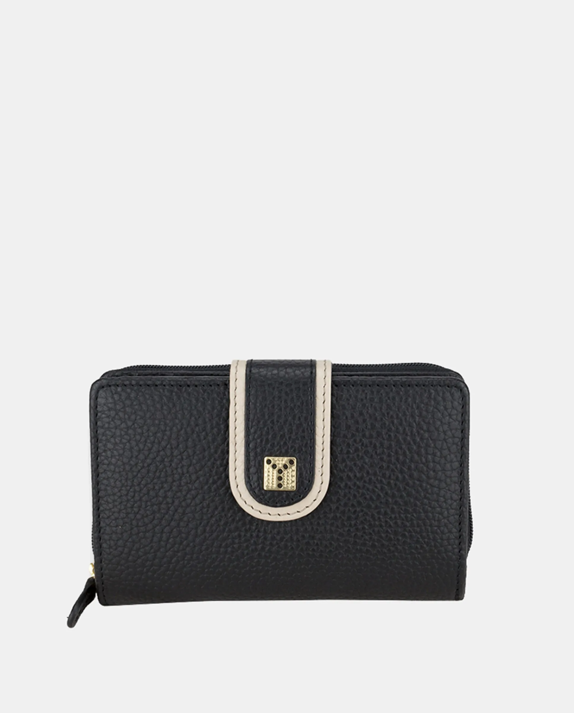 Средний женский кошелек YANCCI из кожи с широкой контрастной окантовкой цвета ivory на застежке-молнии и металлическим логотипом золотого цвета, черный
Средний женский кошелек YANCCI из кожи с широкой контрастной окантовкой цвета ivory на застежке-молнии и металлическим логотипом золотого цвета, черный