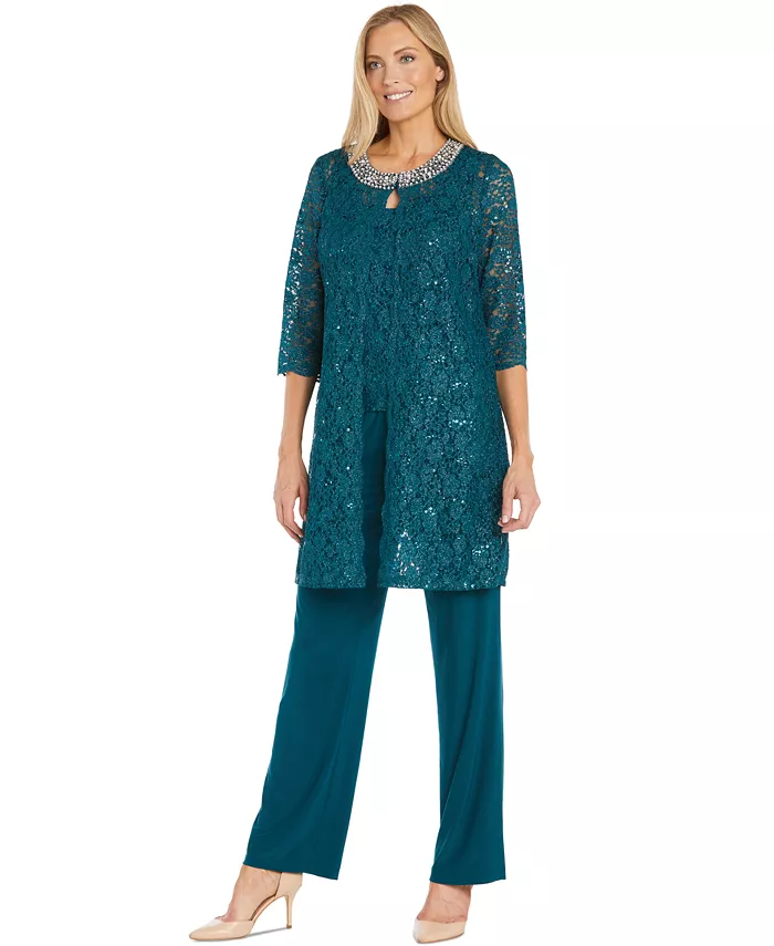 Комплект из жакета, топа и брюк с кружевом и пайетками Petite R & M Richards, зеленый
Комплект из жакета, топа и брюк с кружевом и пайетками Petite R & M Richards, зеленый