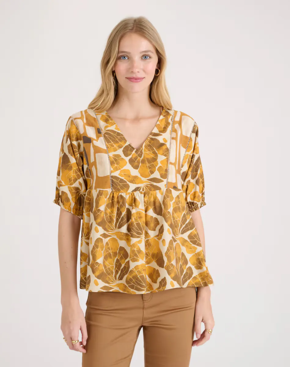 Женская блуза с коротким рукавом и расклешенным силуэтом Naf Naf, горчичный
Женская блуза с коротким рукавом и расклешенным силуэтом Naf Naf, горчичный