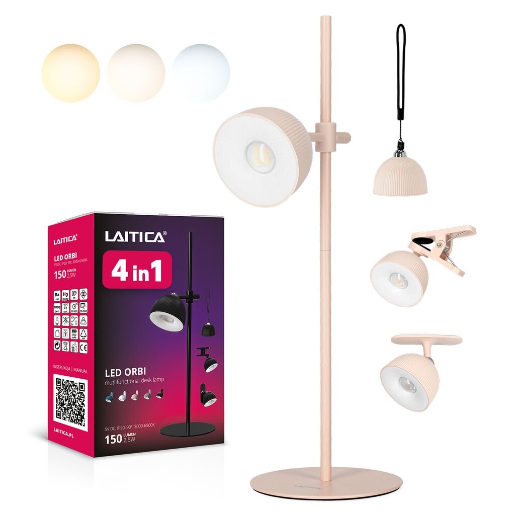 LAITICA LED ORBI 2,5 Вт Настольная лампа - 4-в-1 розовая, USB-зарядная станция, ТРИ ЦВЕТА СВЕТА KOBI, розовый
LAITICA LED ORBI 2,5 Вт Настольная лампа - 4-в-1 розовая, USB-зарядная станция, ТРИ ЦВЕТА СВЕТА KOBI, розовый