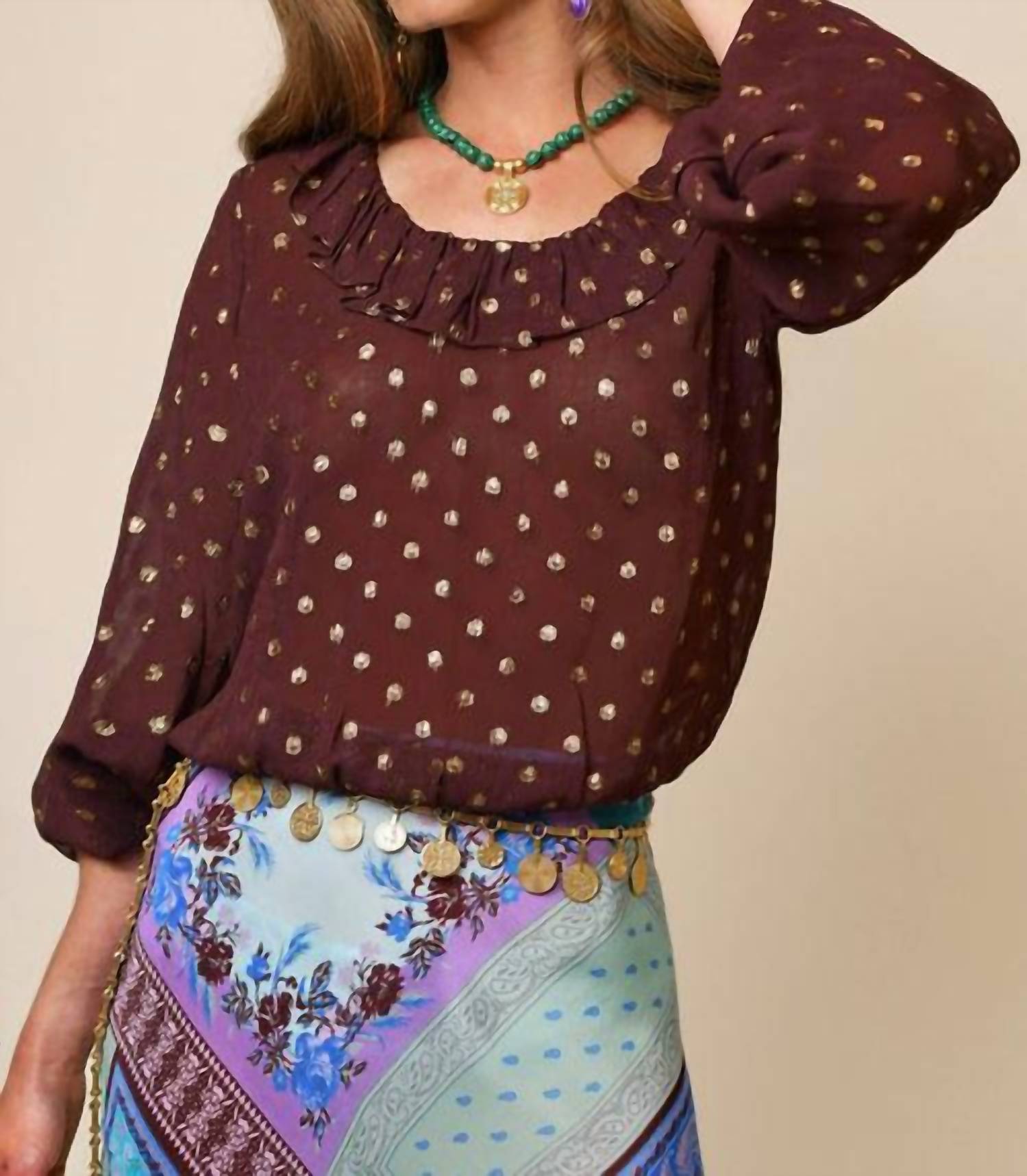 Alora Топ с металликом в шоколадно-коричневом оттенке с люрексом и горошком Rixo
Alora Топ с металликом в шоколадно-коричневом оттенке с люрексом и горошком Rixo