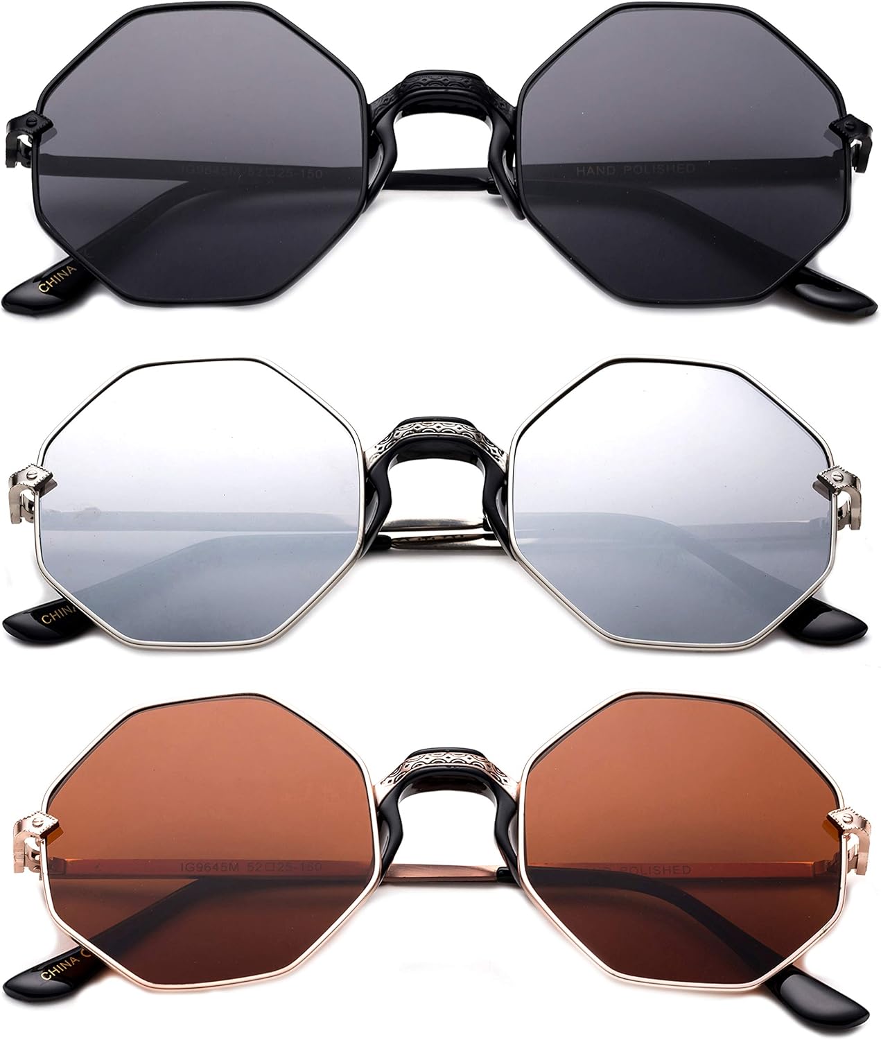 Комплект из 3 восьмиугольных солнцезащитных очков с металлической оправой, удобной пластиковой переносицей, модные солнцезащитные очки для женщин и мужчин Newbee Fashion, 3 Pack Black, Mirror & Gold
Комплект из 3 восьмиугольных солнцезащитных очков с металлической оправой, удобной пластиковой переносицей, модные солнцезащитные очки для женщин и мужчин Newbee Fashion, 3 Pack Black, Mirror & Gold