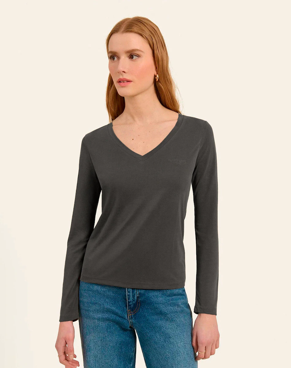 Женская облегающая футболка с V-образным вырезом Naf Naf, темно-серый
Женская облегающая футболка с V-образным вырезом Naf Naf, темно-серый
