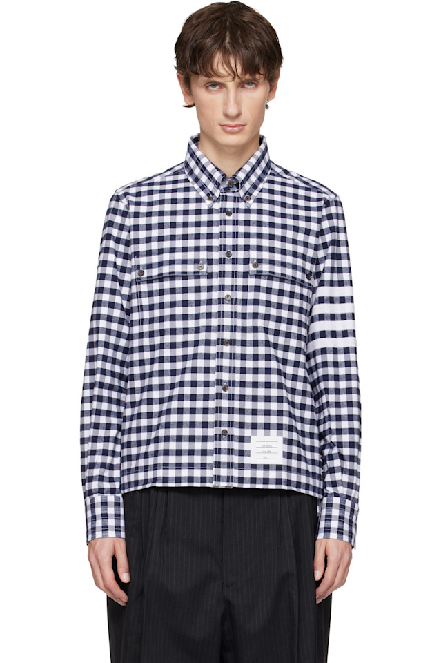 Рубашка в клетку из фланели с четырьмя полосами Thom Browne, темно-синий
Рубашка в клетку из фланели с четырьмя полосами Thom Browne, темно-синий