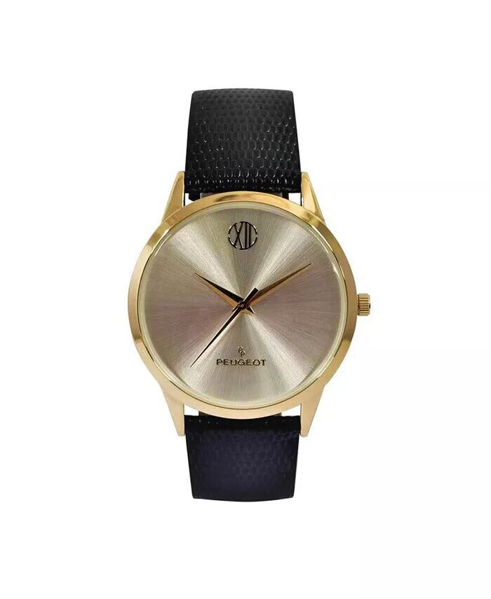 Мужские часы вафельного тонкого круглого позолоченного корпуса диаметром 40 мм, цвета шампанского Peugeot, черный 
Мужские часы вафельного тонкого круглого позолоченного корпуса диаметром 40 мм, цвета шампанского Peugeot, черный