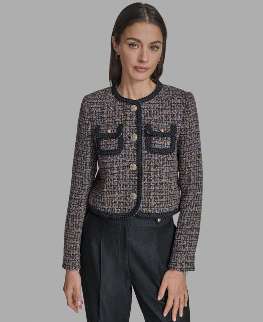 Женский твидовый жакет без воротника с плетеной отделкой BCBG, Crimson
Женский твидовый жакет без воротника с плетеной отделкой BCBG, Crimson