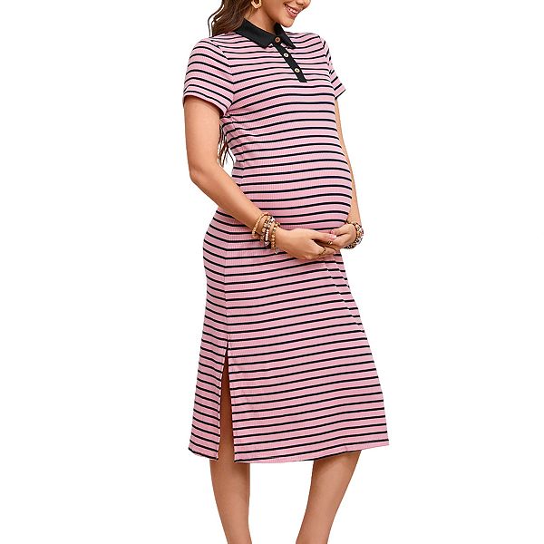 Платье миди с воротником и коротким рукавом в рубчик, с полоской, пуговицами и разрезом сбоку для беременных Clearflower, Pink
Платье миди с воротником и коротким рукавом в рубчик, с полоской, пуговицами и разрезом сбоку для беременных Clearflower, Pink