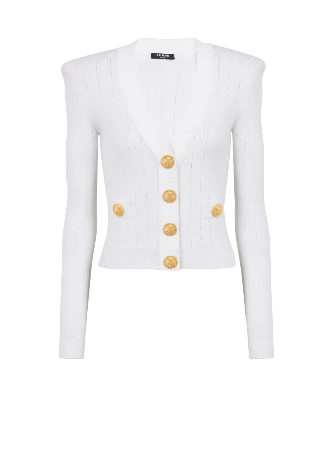 Укороченный вязаный кардиган Balmain, белый/синий
Укороченный вязаный кардиган Balmain, белый/синий