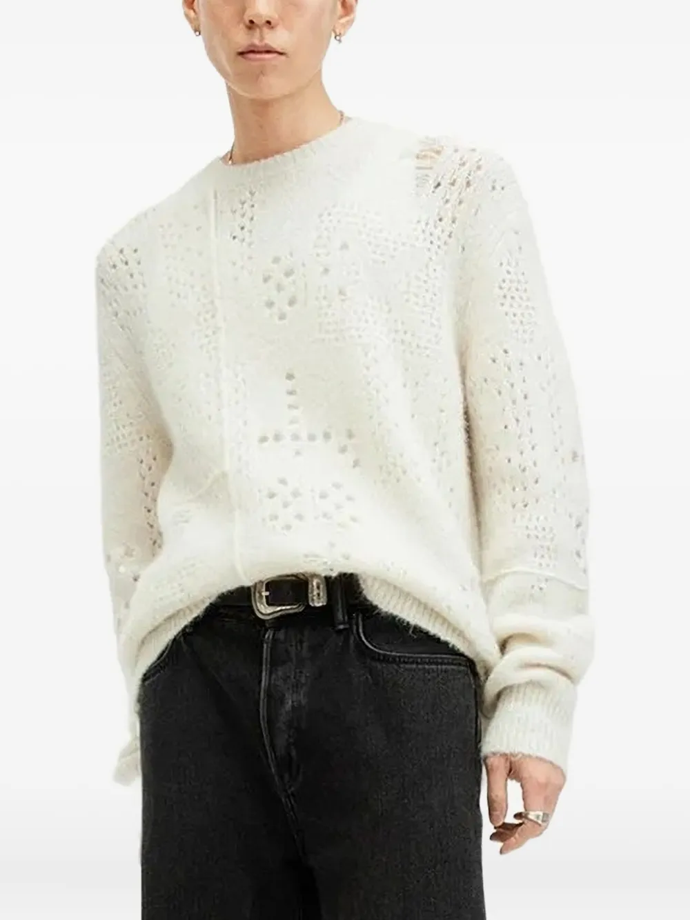 Трикотажный свитер с перфорированными деталями AllSaints, белый
Трикотажный свитер с перфорированными деталями AllSaints, белый