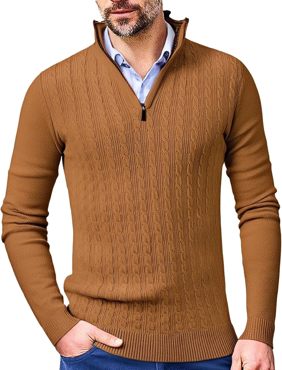 Мужской свитер с воротником стойкой и молнией на четверть
Мужской свитер с воротником стойкой и молнией на четверть