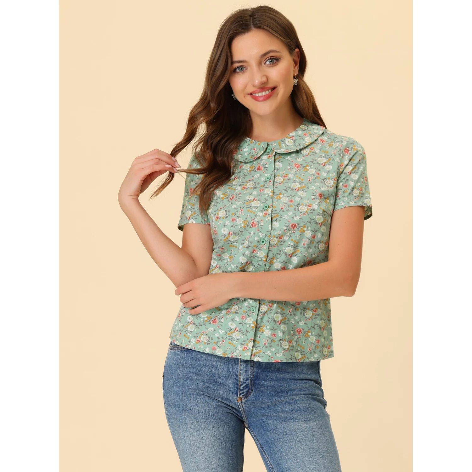 Женская блузка с воротником Питера Пэна и пуговицами спереди с цветочным принтом, топ ALLEGRA K, зеленый
Женская блузка с воротником Питера Пэна и пуговицами спереди с цветочным принтом, топ ALLEGRA K, зеленый