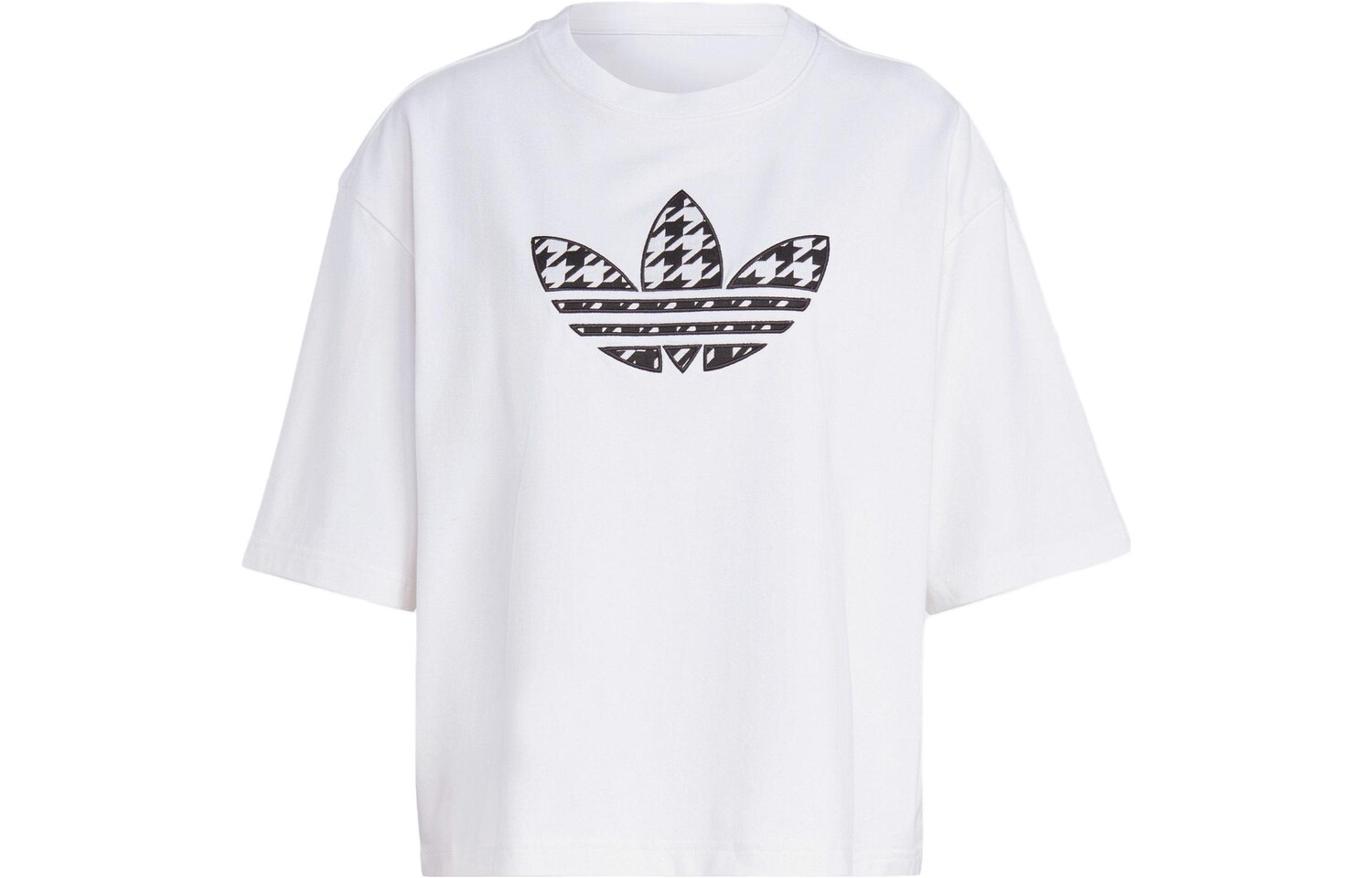 Женская футболка с узором «гусиная лапка» и трилистником, белая Adidas Originals
Женская футболка с узором «гусиная лапка» и трилистником, белая Adidas Originals