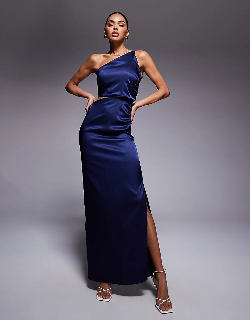 Платье макси из атласа Vesper на одно плечо со сборками, темно-синего цвета