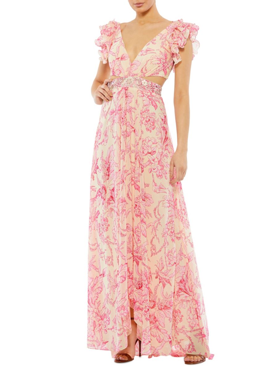 Платье макси с цветочным принтом и оборками Mac Duggal, розовый/мульти 
Платье макси с цветочным принтом и оборками Mac Duggal, розовый/мульти