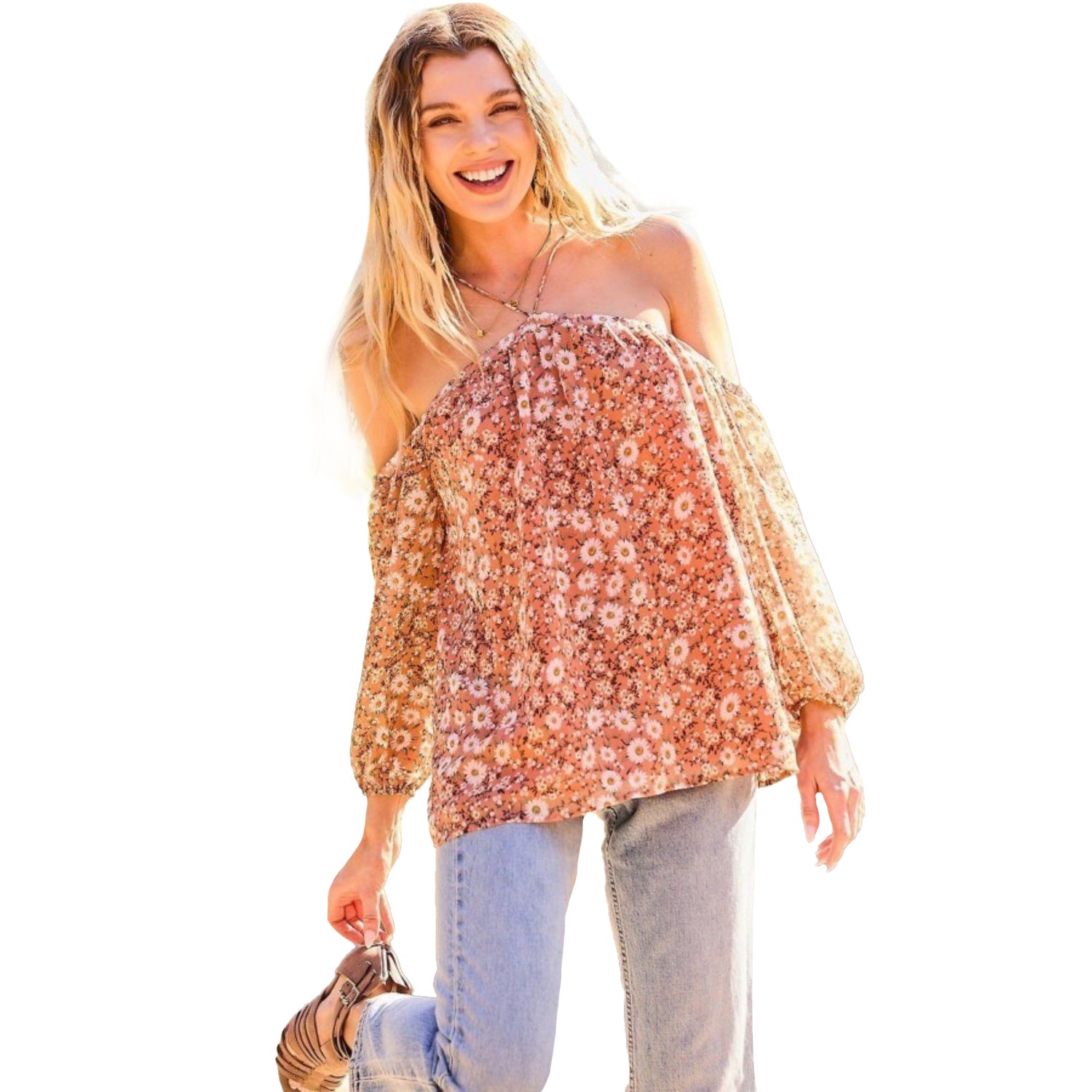 Топ с цветочным принтом на бретелях-холтере и рукавами-фонариками TRUEDAMES, Terracotta 
Топ с цветочным принтом на бретелях-холтере и рукавами-фонариками TRUEDAMES, Terracotta