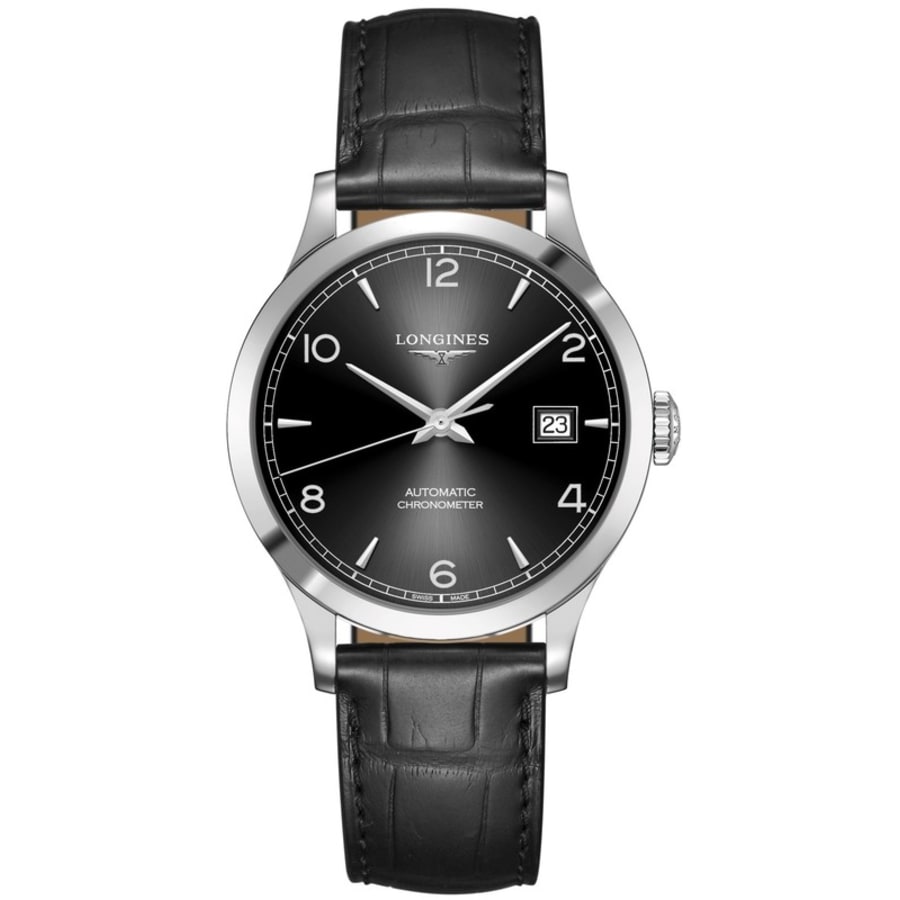 Longines Record Автоматические мужские часы с черным циферблатом и кожаным ремешком L2.820.4.56.2 
Longines Record Автоматические мужские часы с черным циферблатом и кожаным ремешком L2.820.4.56.2