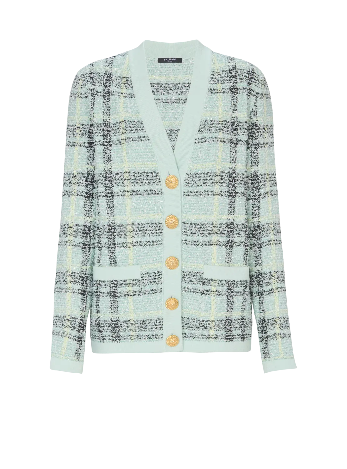 Кардиган из твидовой ткани с блестками свободного кроя Balmain, зеленый
Кардиган из твидовой ткани с блестками свободного кроя Balmain, зеленый