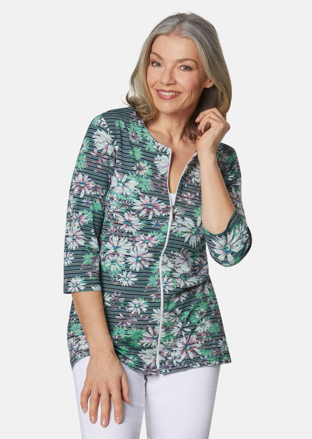 Кардиган GOLDNER Shirtjacke, цвет dunkelmarine/mint/gemustert 
Кардиган GOLDNER Shirtjacke, цвет dunkelmarine/mint/gemustert