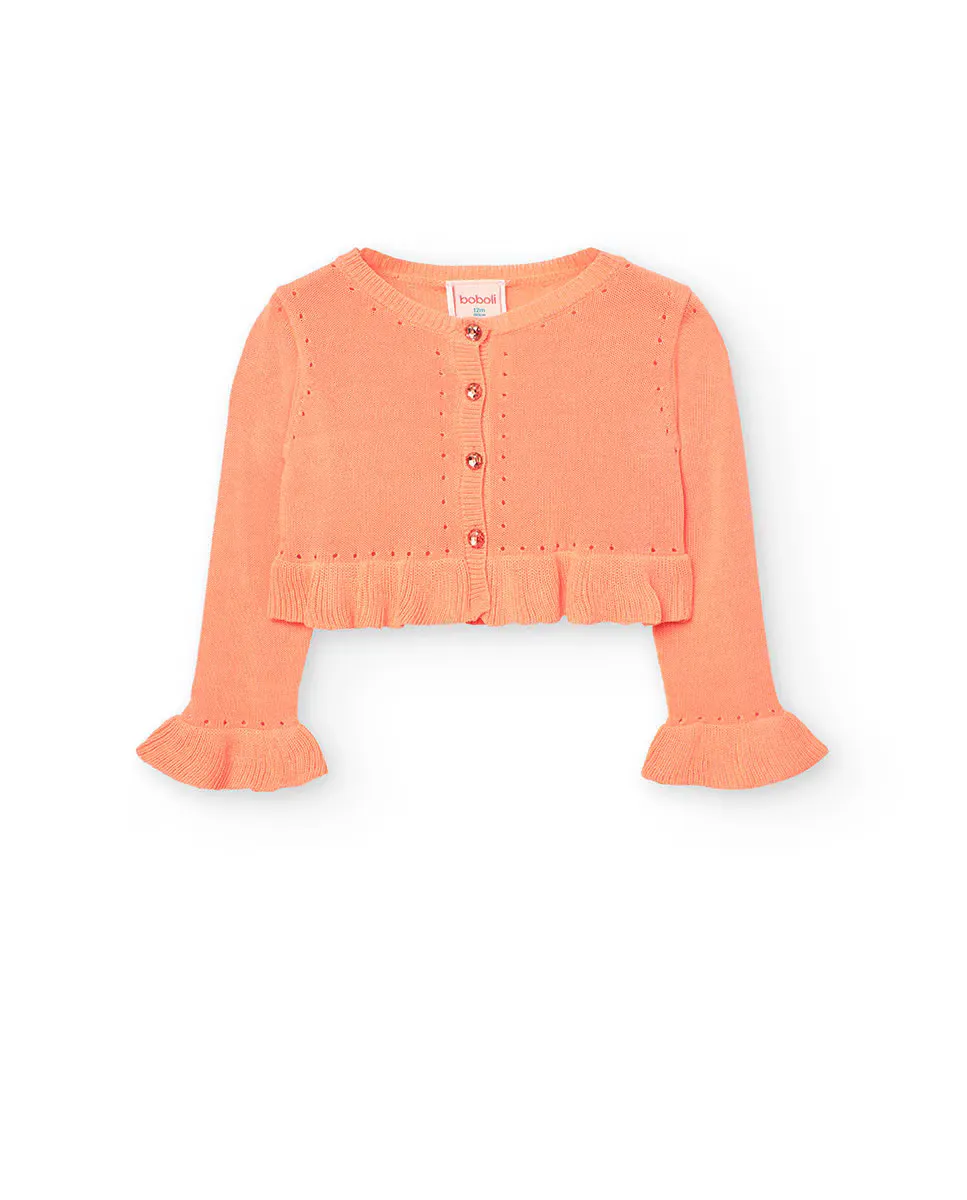 Вязаный жакет для девочки с круглым вырезом и рюшами Boboli, оранжевый
Вязаный жакет для девочки с круглым вырезом и рюшами Boboli, оранжевый