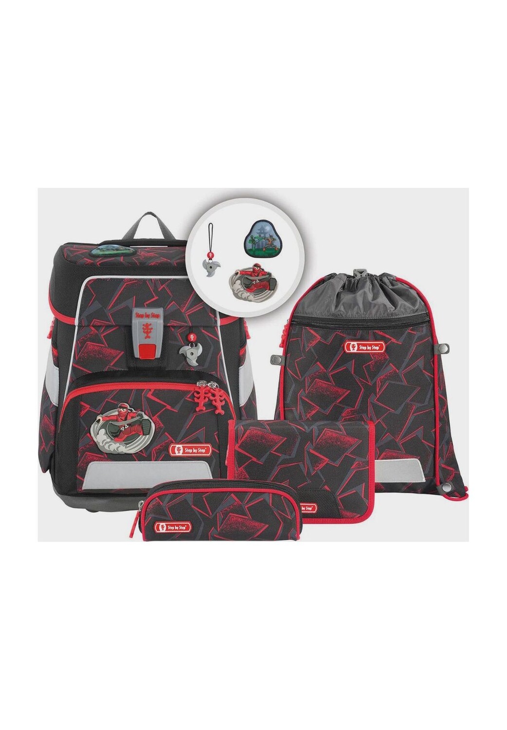 Набор школьных сумок Ниндзя Юма, 5 предметов, объем 20 л, детский Step by Step, цвет Anthrazit Rot 
Набор школьных сумок Ниндзя Юма, 5 предметов, объем 20 л, детский Step by Step, цвет Anthrazit Rot