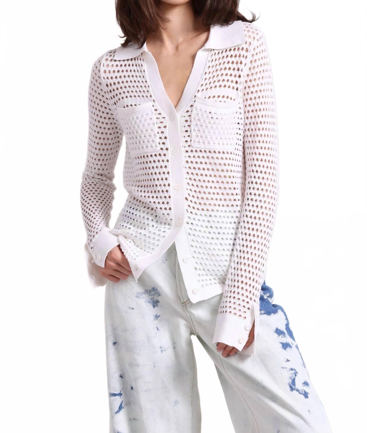 Белая блузка с плетеной сеткой и пуговицами Minnie Rose 
Белая блузка с плетеной сеткой и пуговицами Minnie Rose