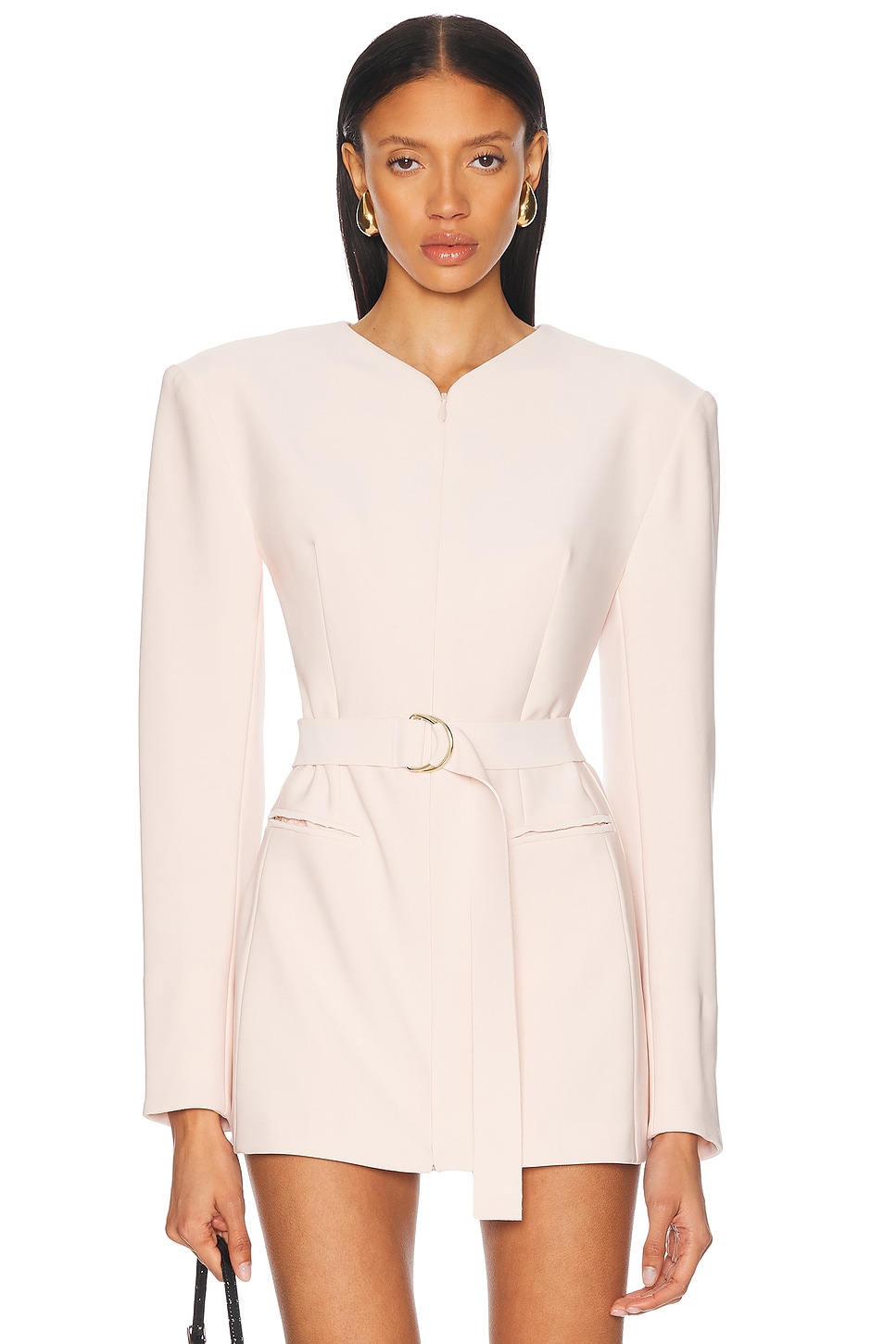 Длинный жакет с рукавами, V-образным вырезом и молнией спереди на плечевых подкладках Norma Kamali, Baby
Длинный жакет с рукавами, V-образным вырезом и молнией спереди на плечевых подкладках Norma Kamali, Baby