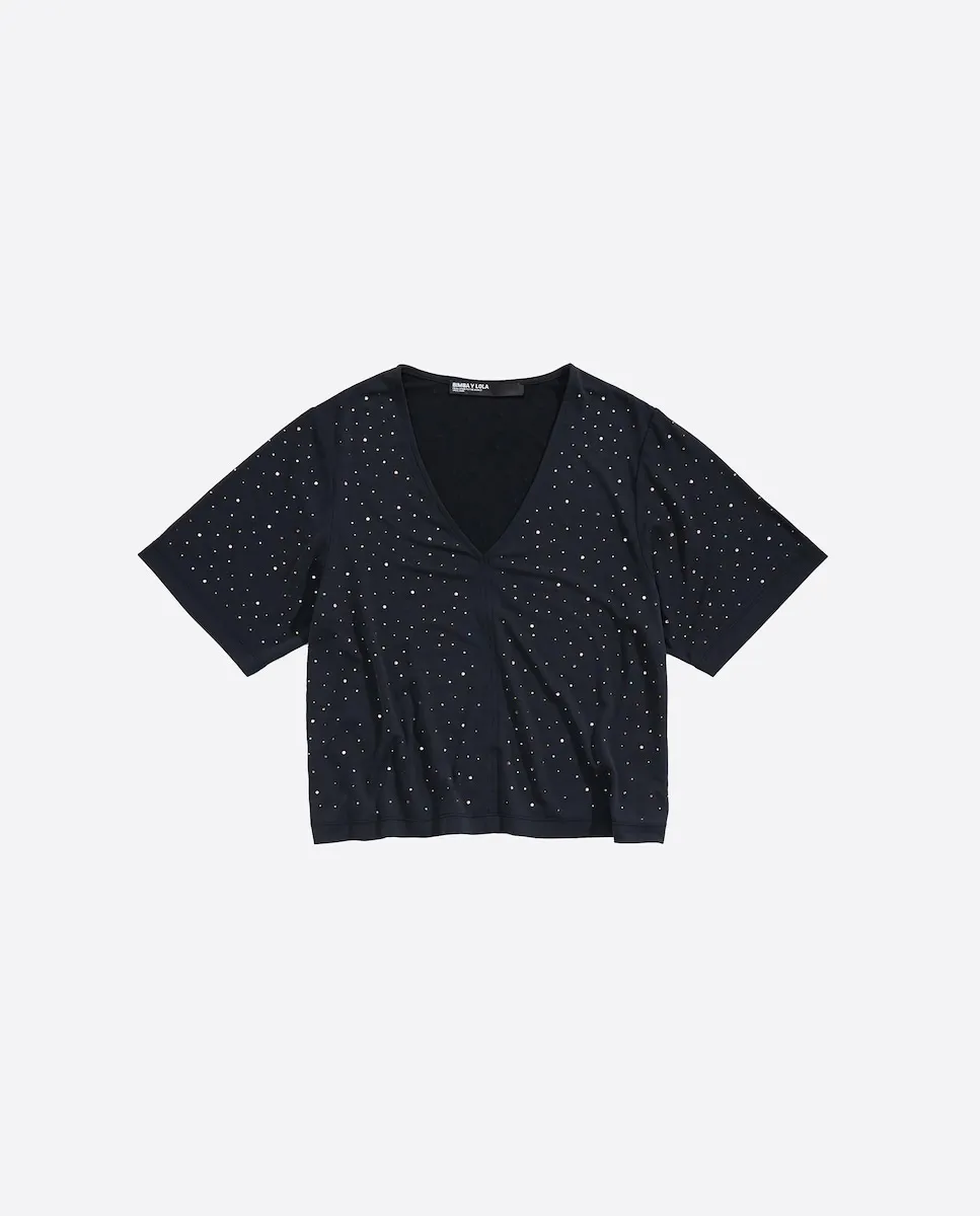 Женская свободная футболка со стразами и V-образным вырезом Bimba y Lola, черный 
Женская свободная футболка со стразами и V-образным вырезом Bimba y Lola, черный