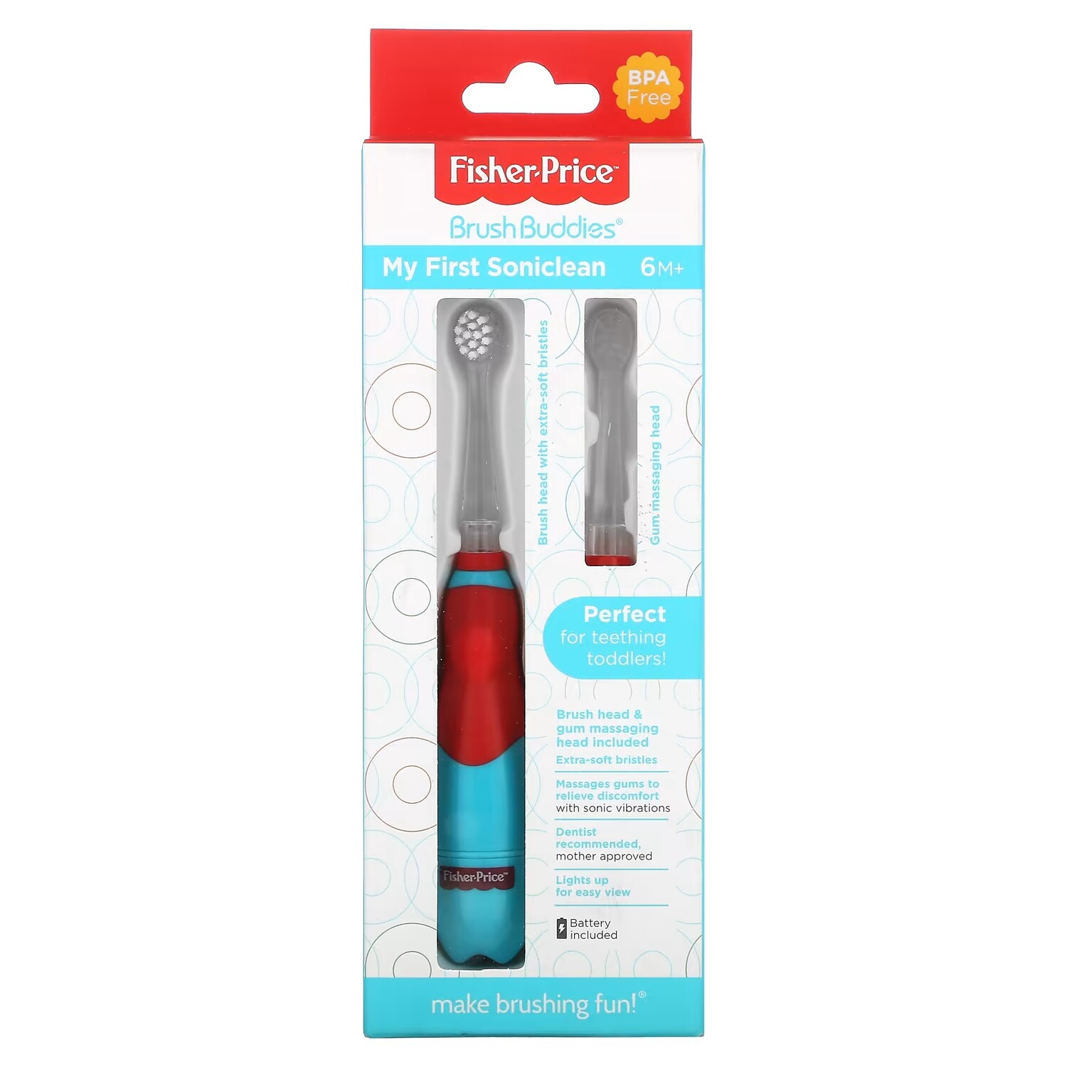 Fisher-Price BrushBuddies My First Sonicclean для детей от 6 месяцев 1 зубная щетка + насадка для массажа десен
Fisher-Price BrushBuddies My First Sonicclean для детей от 6 месяцев 1 зубная щетка + насадка для массажа десен