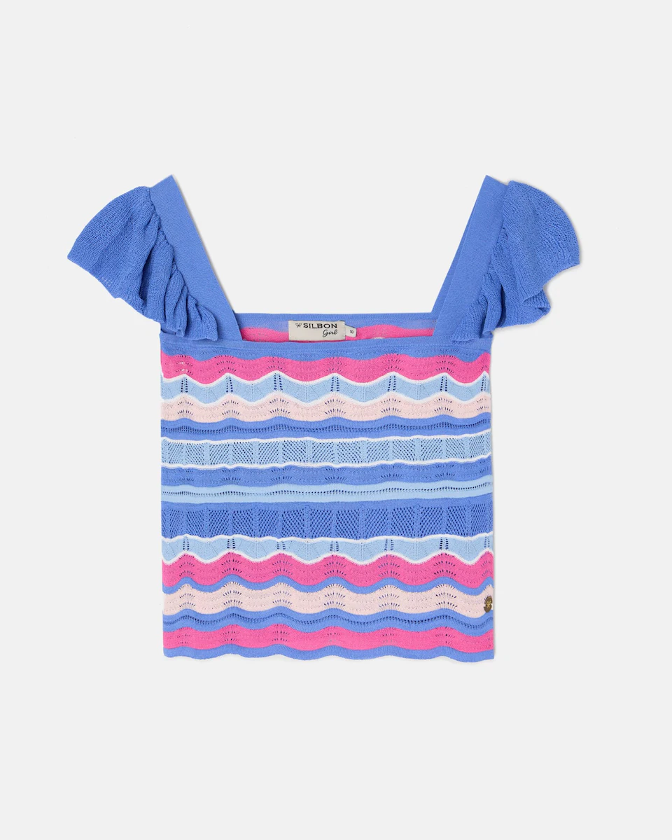 Детский топ из рубчатого трикотажа с ажурными вставками Silbon, синий
Детский топ из рубчатого трикотажа с ажурными вставками Silbon, синий