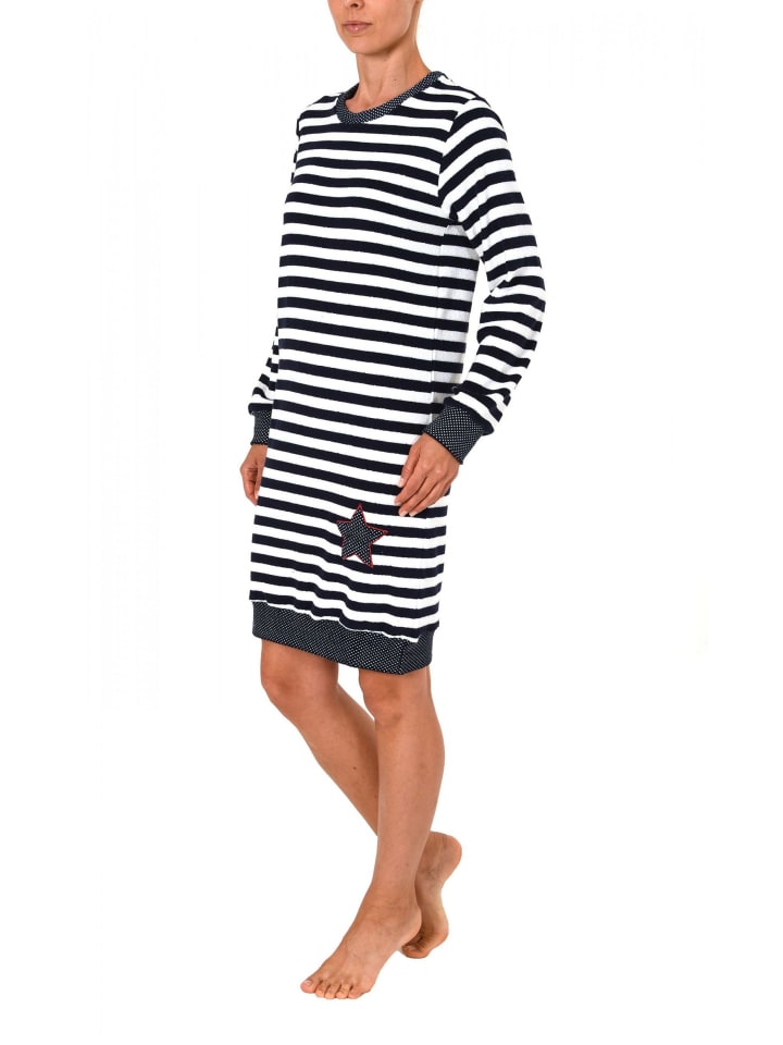 NORMANN Ночная рубашка из махровой ткани, с длинными рукавами, манжетами, в горошек, в полоску, темно-синего цвета
NORMANN Ночная рубашка из махровой ткани, с длинными рукавами, манжетами, в горошек, в полоску, темно-синего цвета