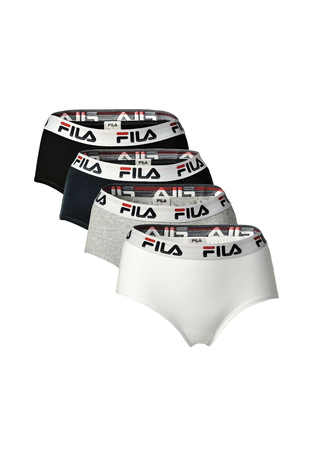 Женские хипстеры - комплект из 4 трусов, пояс с логотипом, хлопок стрейч, однотонный FILA, цвет Schwarz Grau Marine
Женские хипстеры - комплект из 4 трусов, пояс с логотипом, хлопок стрейч, однотонный FILA, цвет Schwarz Grau Marine