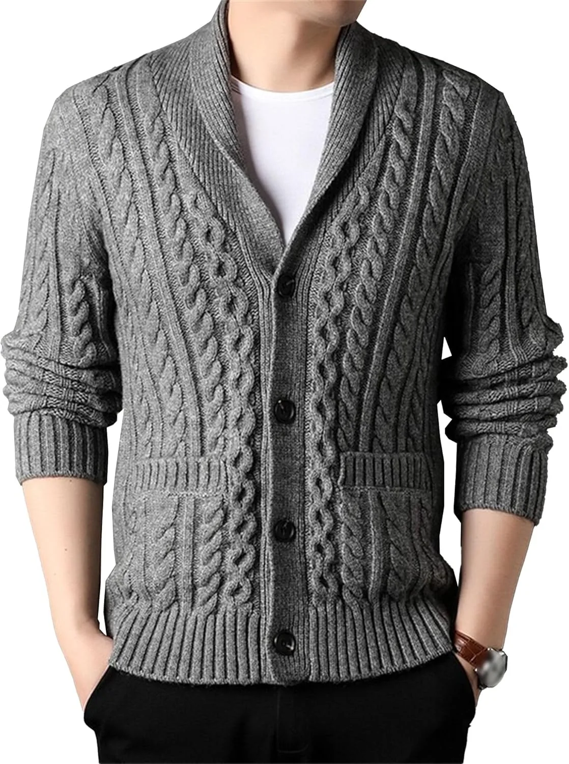 Мужской теплый кардиган с кабельным узором и карманами
Мужской теплый кардиган с кабельным узором и карманами