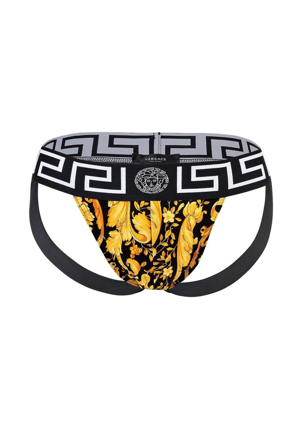 Мужской бандаж — спортивки, трусы-стринги, эластичный хлопок, узор «барокко» VERSACE, цвет Schwarz Gold