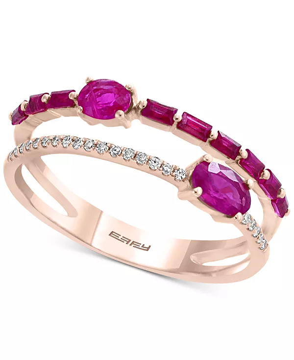 Кольцо с двумя рядами бриллиантов и рубином Эффи (7/8 карата) из 14-каратного розового золота Effy Collection, ruby