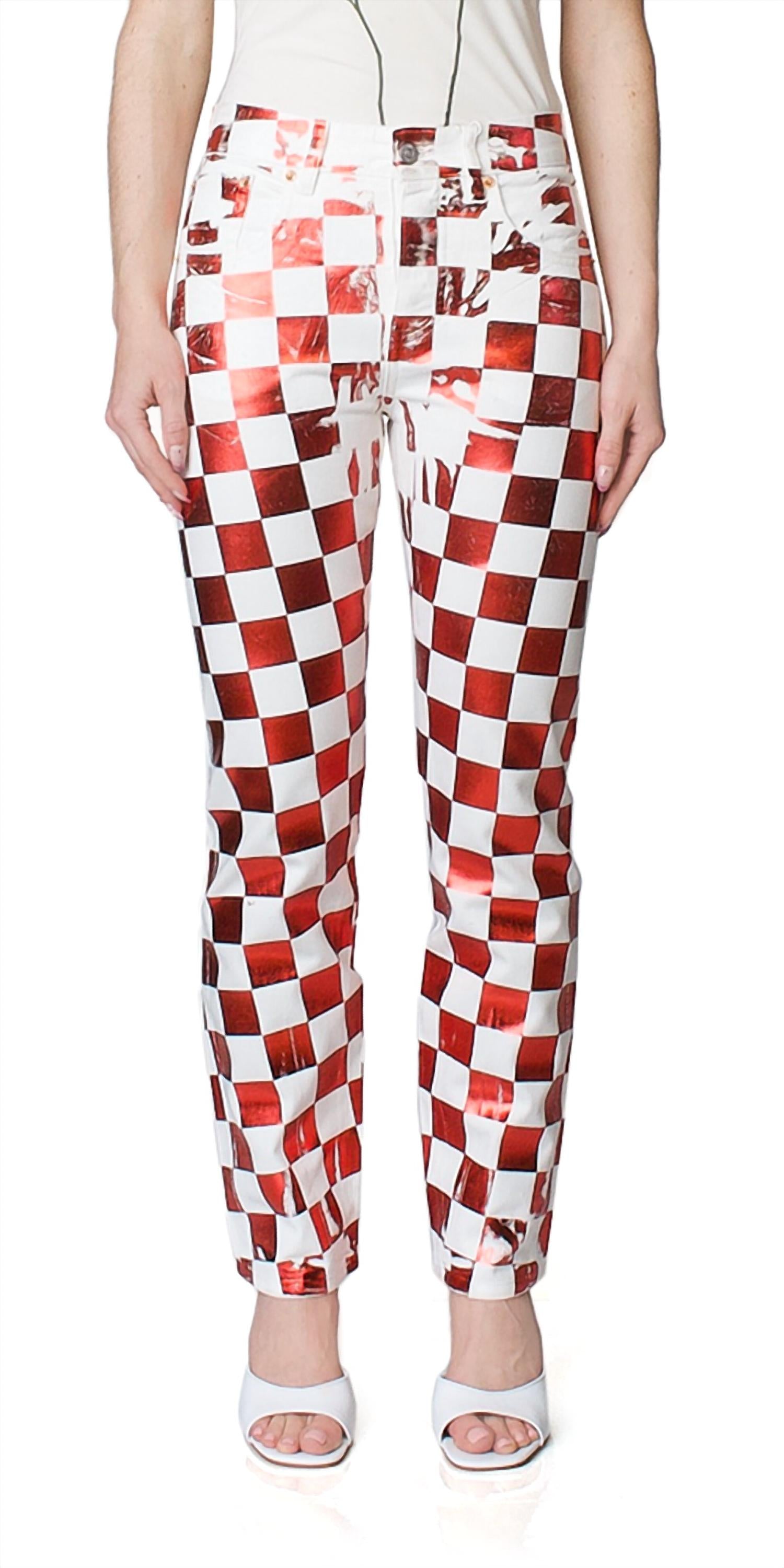 Брюки с принтом в клетку и пятью карманами красного цвета Maison Margiela 
Брюки с принтом в клетку и пятью карманами красного цвета Maison Margiela