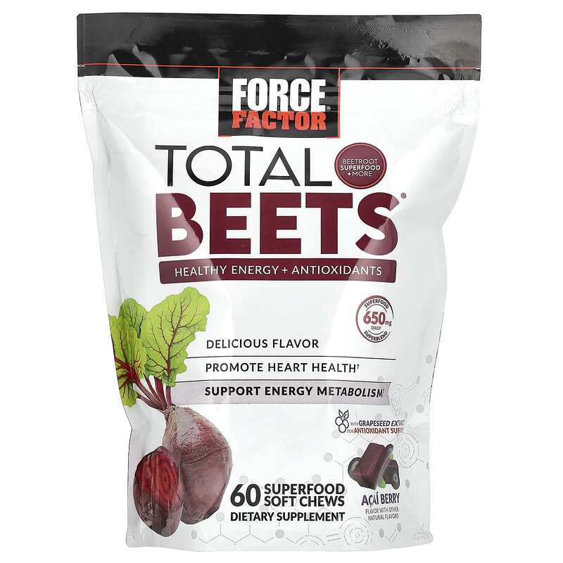 Force Factor, Total Beets, здоровая энергия и антиоксиданты, ягоды асаи, 325 мг, 60 жевательных таблеток Superfood
Force Factor, Total Beets, здоровая энергия и антиоксиданты, ягоды асаи, 325 мг, 60 жевательных таблеток Superfood