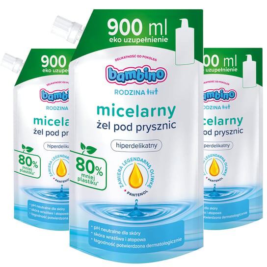 Мицеллярный гель для душа, сменный блок, 3x900 мл Bambino
Мицеллярный гель для душа, сменный блок, 3x900 мл Bambino