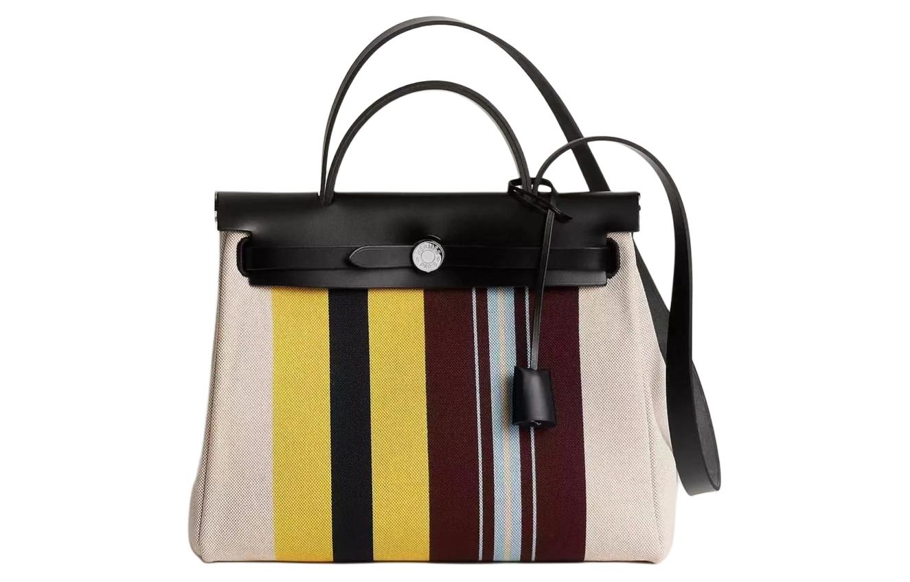 Сумка Herbag Zip H Plume из холста с кожей теленка Hunter, шопер, женская сумка черного и разноцветного цветов HERMES 
Сумка Herbag Zip H Plume из холста с кожей теленка Hunter, шопер, женская сумка черного и разноцветного цветов HERMES