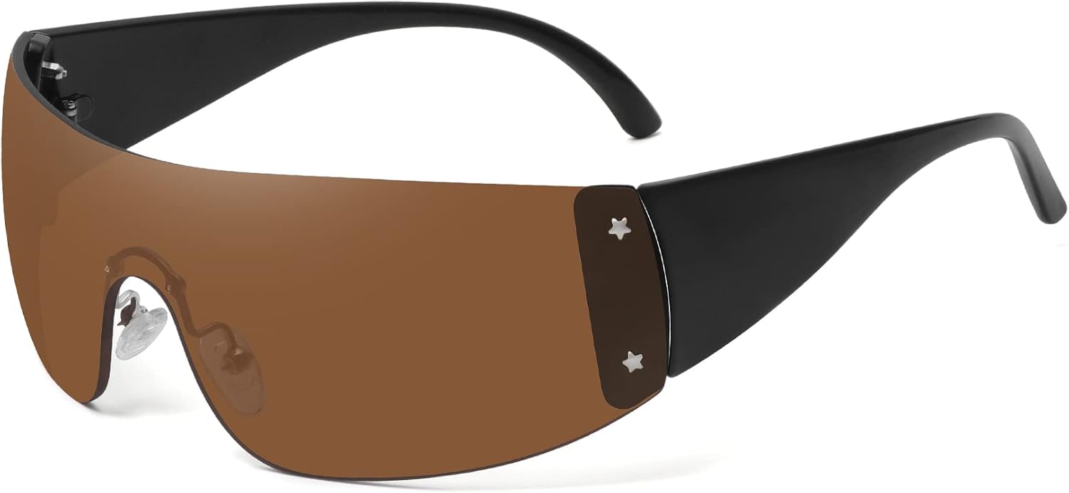 Модные солнцезащитные очки без оправы Star Y2K для женщин и мужчин, модель Shield, увеличенного размера, обтекаемой формы, без оправы, защита от УФ-излучения UV400 Fozono, Brown
Модные солнцезащитные очки без оправы Star Y2K для женщин и мужчин, модель Shield, увеличенного размера, обтекаемой формы, без оправы, защита от УФ-излучения UV400 Fozono, Brown