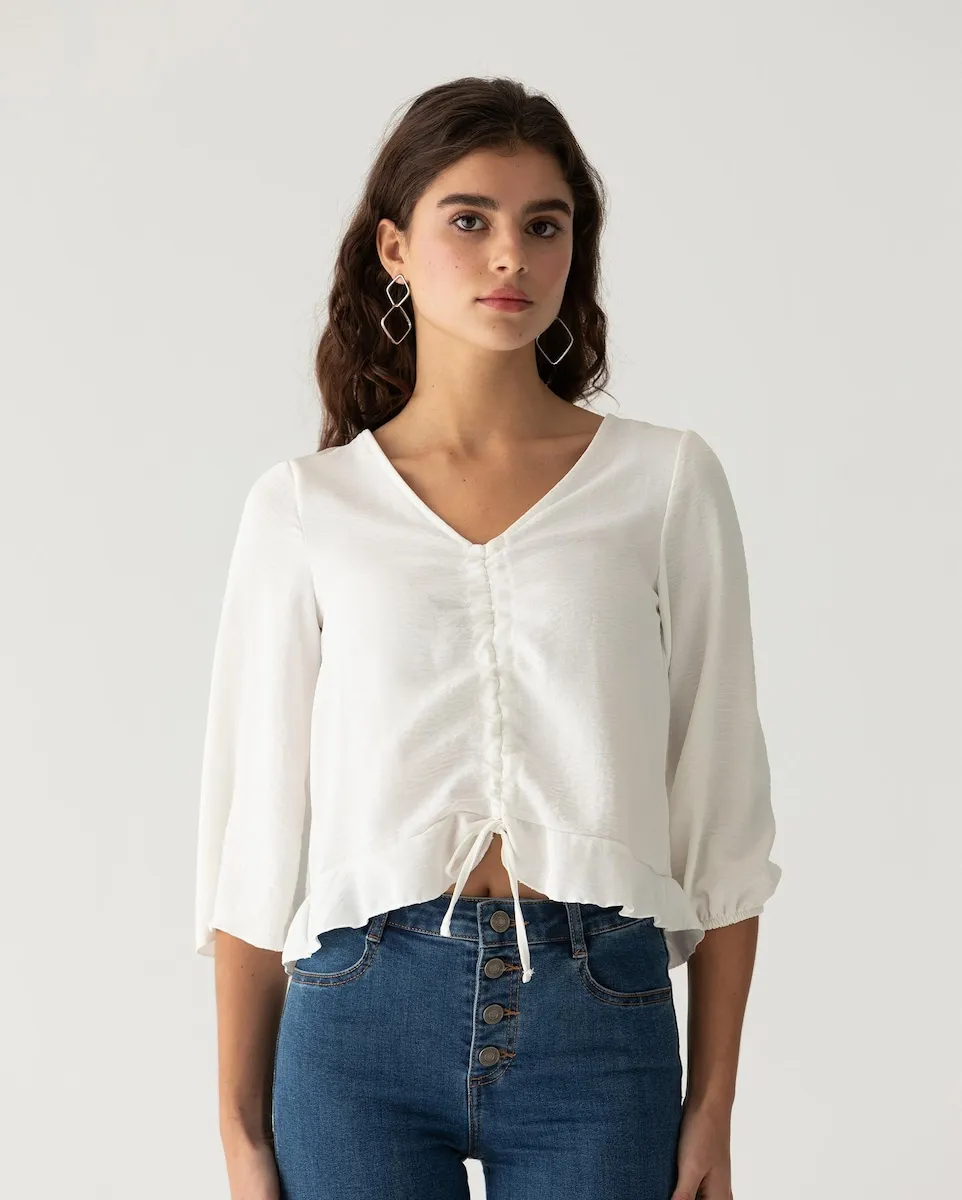 Женская рубашка с V-образным вырезом и расклешенными французскими рукавами Noon, белый
Женская рубашка с V-образным вырезом и расклешенными французскими рукавами Noon, белый