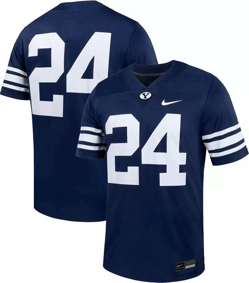 Мужская футболка Nike BYU Cougars #24 синего цвета с возвратом, реплика футбольного джерси
Мужская футболка Nike BYU Cougars #24 синего цвета с возвратом, реплика футбольного джерси