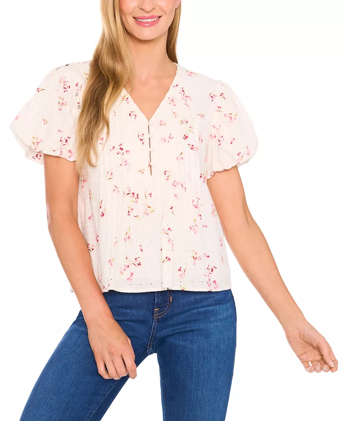 Женская блузка из хлопка с принтом, кружевными вставками и рукавами-пузырь CeCe, белый 
Женская блузка из хлопка с принтом, кружевными вставками и рукавами-пузырь CeCe, белый