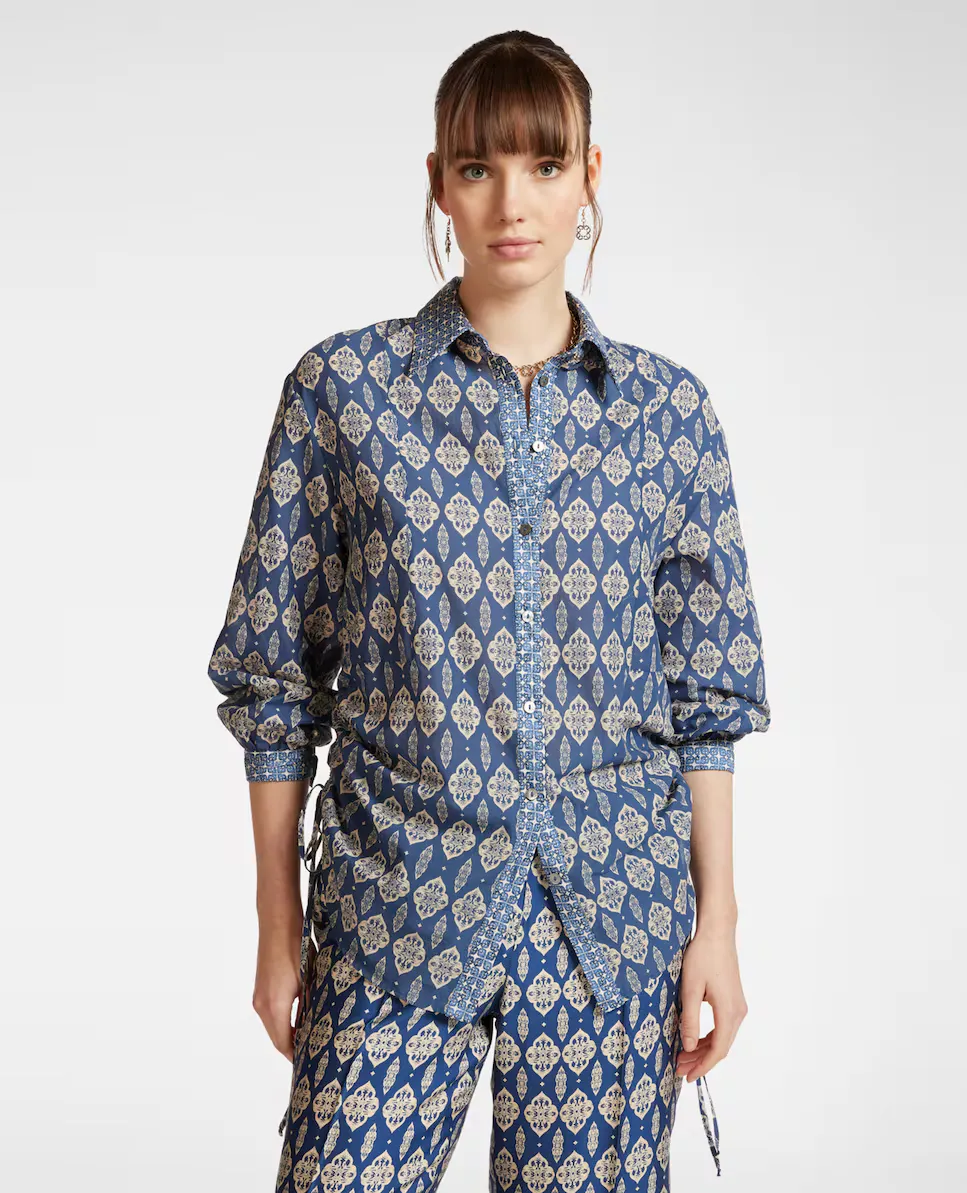 Женская рубашка с принтом и шнурками внизу Elena Miró, синий 
Женская рубашка с принтом и шнурками внизу Elena Miró, синий