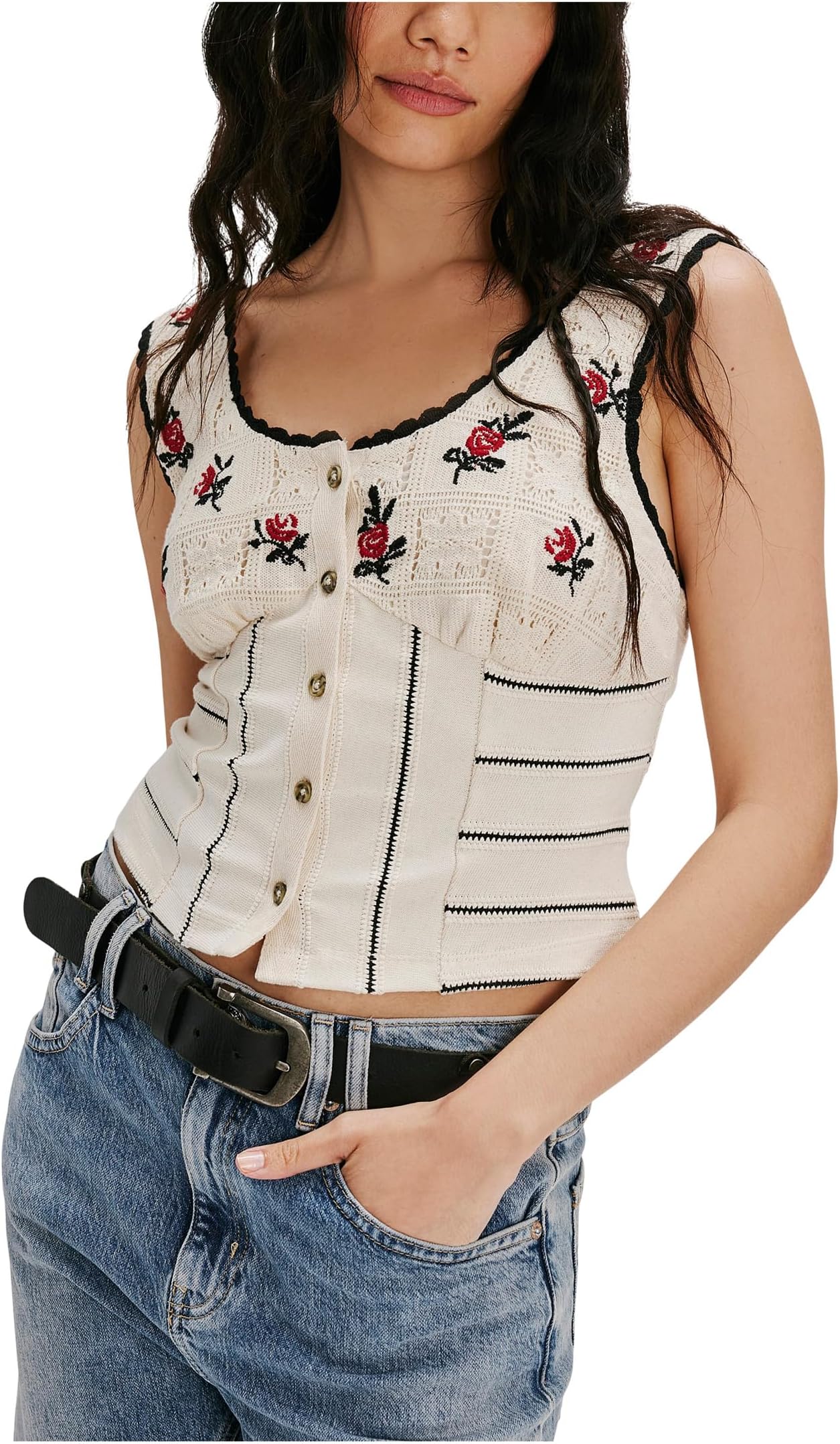 Топ Free People Rose Bud Knit Top, цвет Ivory Combo 
Топ Free People Rose Bud Knit Top, цвет Ivory Combo