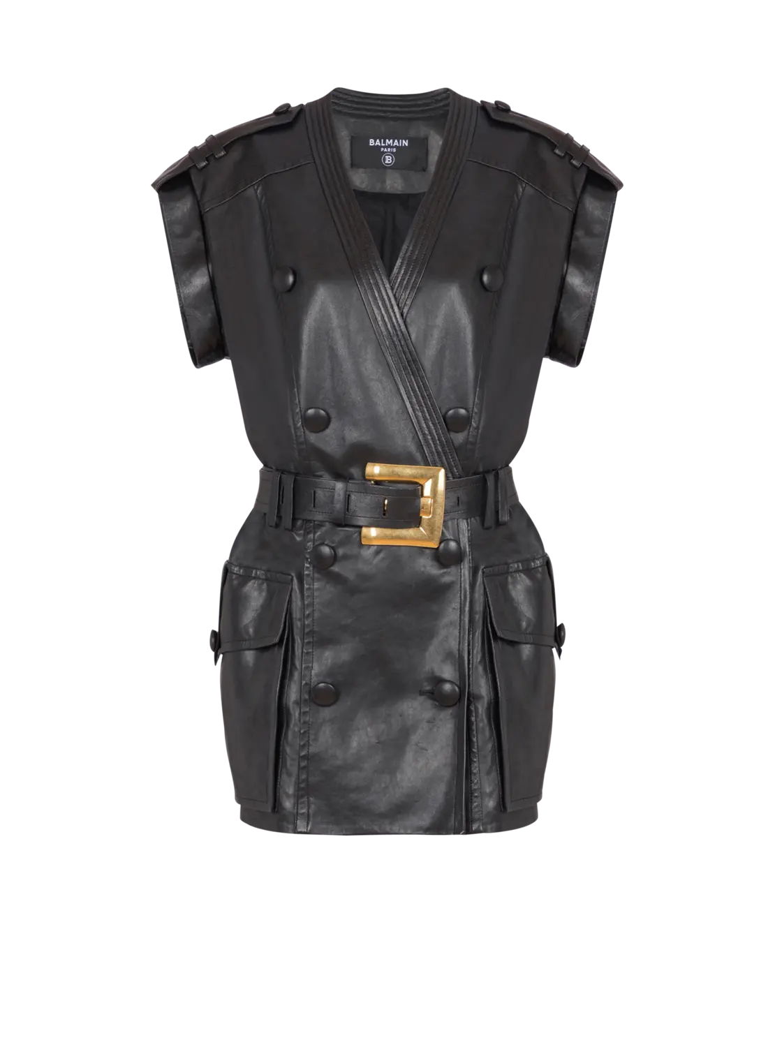 Короткое платье из овечьей кожи с поясом Balmain, черный
Короткое платье из овечьей кожи с поясом Balmain, черный