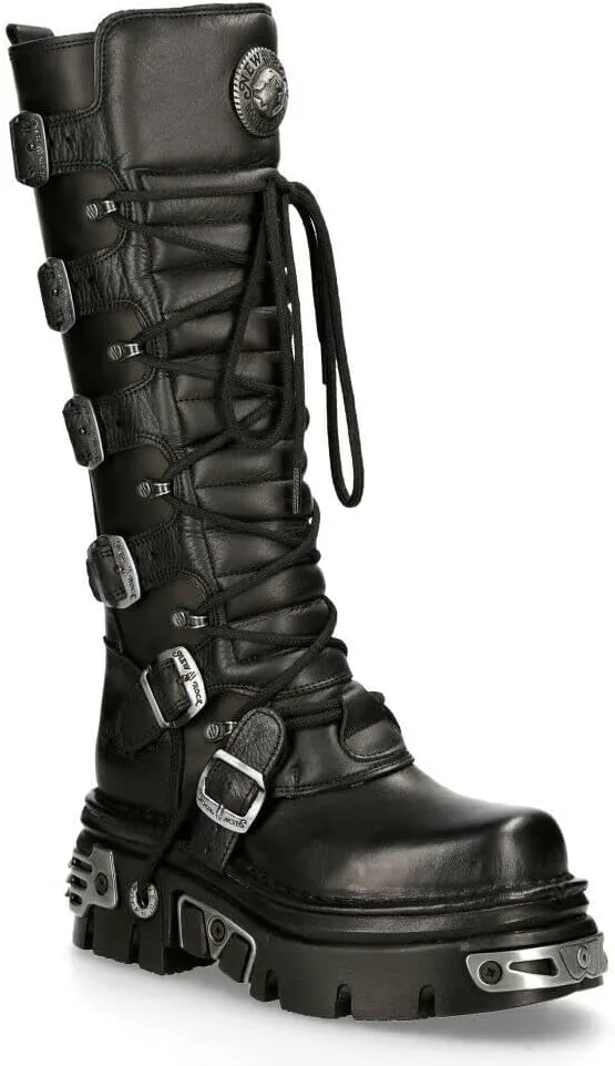Мужские ботинки New Rock 272-S1 из черной металлической кожи в готическом стиле Emo до колена с застежкой на шнуровку и пряжку, черный
Мужские ботинки New Rock 272-S1 из черной металлической кожи в готическом стиле Emo до колена с застежкой на шнуровку и пряжку, черный