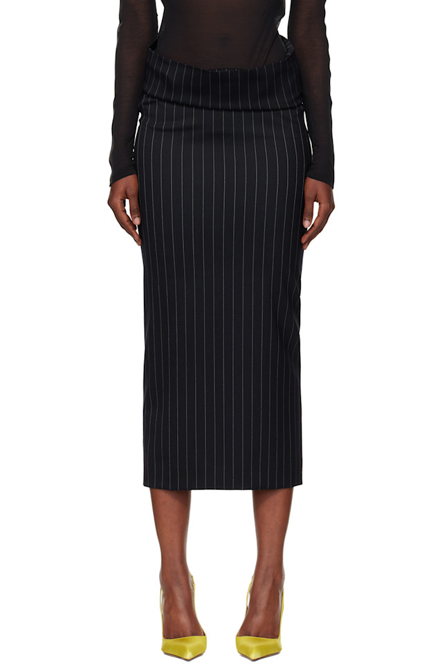 Mugler Темно-Синяя полосатая эластичная юбка-миди
Mugler Темно-Синяя полосатая эластичная юбка-миди