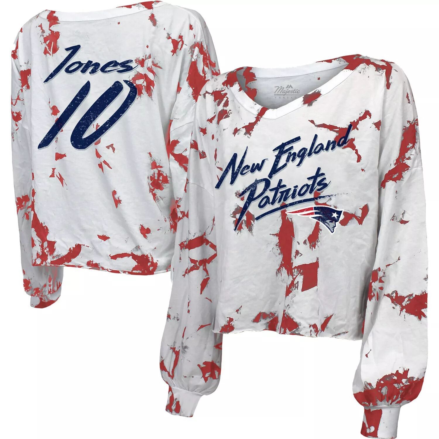 Женская белая футболка Majestic Threads Mac Jones New England Patriots с открытыми плечами и тай-дай, имя и номер, укороченная футболка с длинными рукавами и v-образным вырезом Majestic, Белый, Женская белая футболка Majestic Threads Mac Jones New England
Женская белая футболка Majestic Threads Mac Jones New England Patriots с открытыми плечами и тай-дай, имя и номер, укороченная футболка с длинными рукавами и v-образным вырезом Majestic, Белый, Женская белая футболка Majestic Threads Mac Jones New England